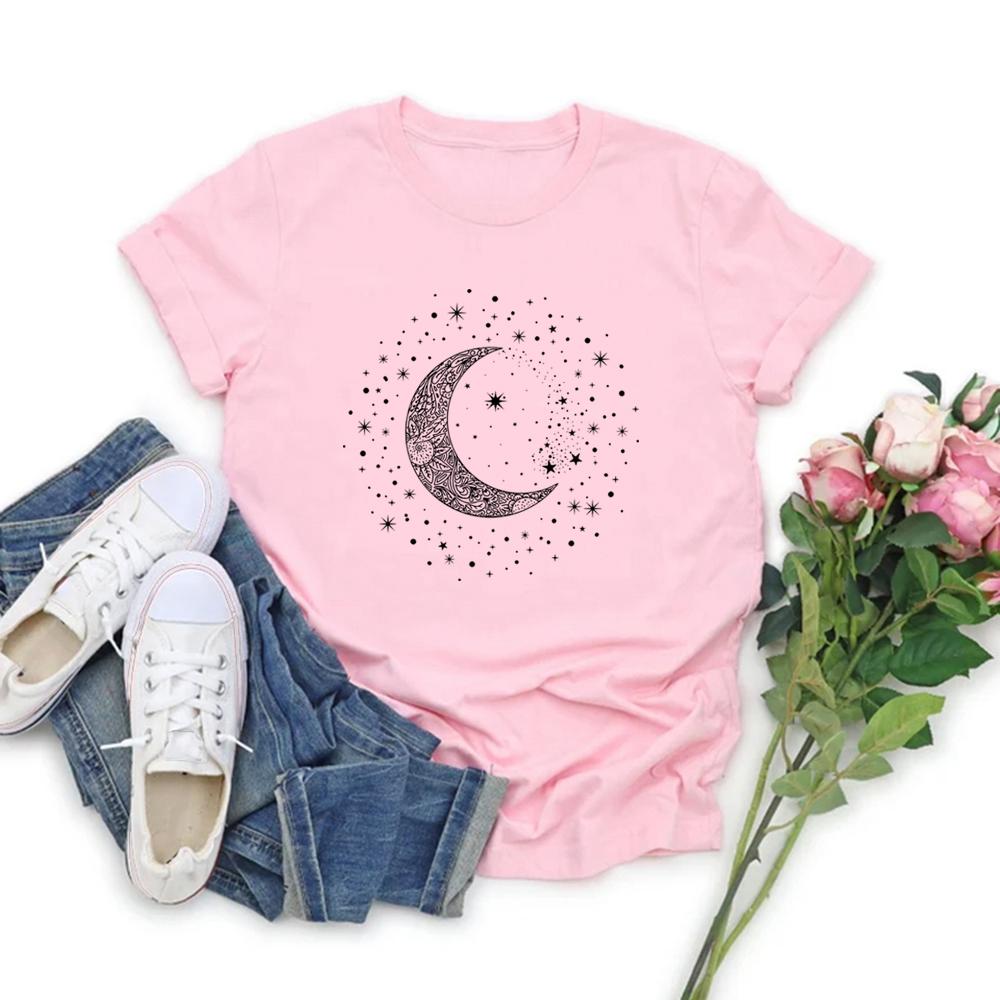 Mystic Moon Phase T-Shirt Lunar Crescent Graphic Tee Spiritual Astrology Top for Women Mystical Shirt Short Sleeve Gothic Tshirt