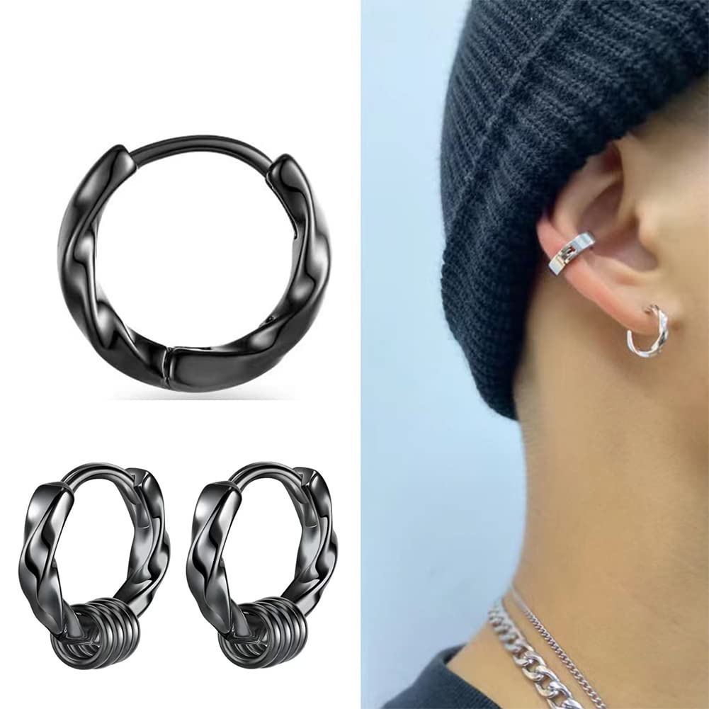 Rockyu Earrings for Stainless Steel Dangling Ring Diamond Twist Birthday Fashion Accessories Men, Hoop, Earrings, Black, Silver, Brand, Shape,