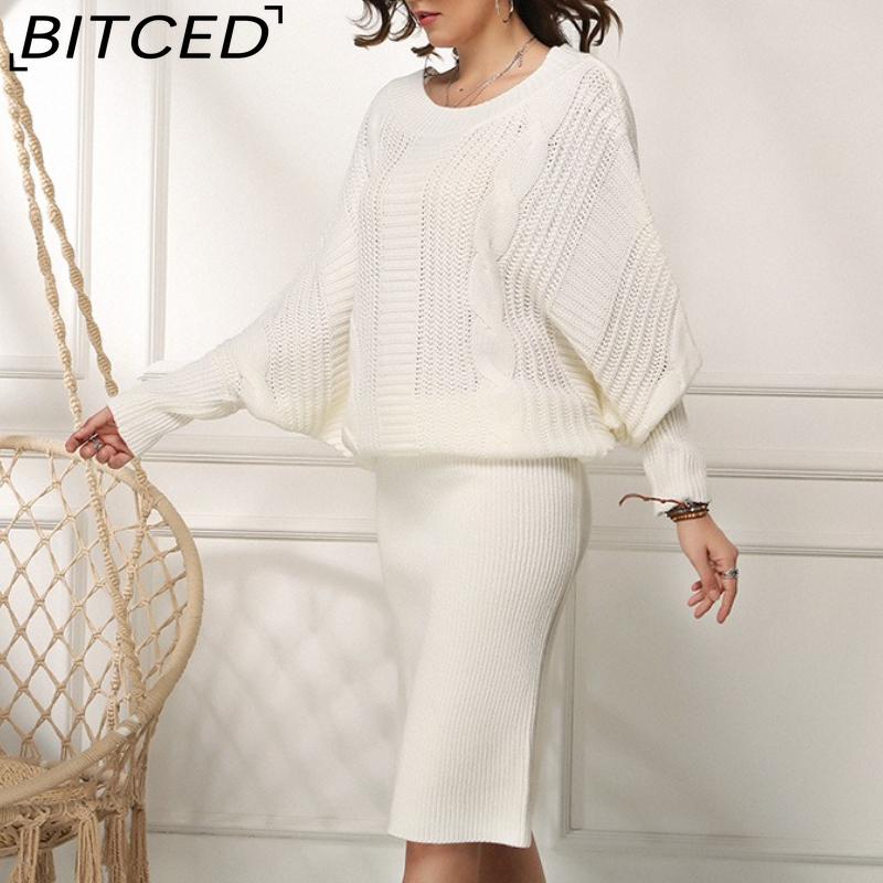 BITCED Autumn/Winter Plus Size Women's Loose Batwing Sleeve Knitted Long Pullover Dress