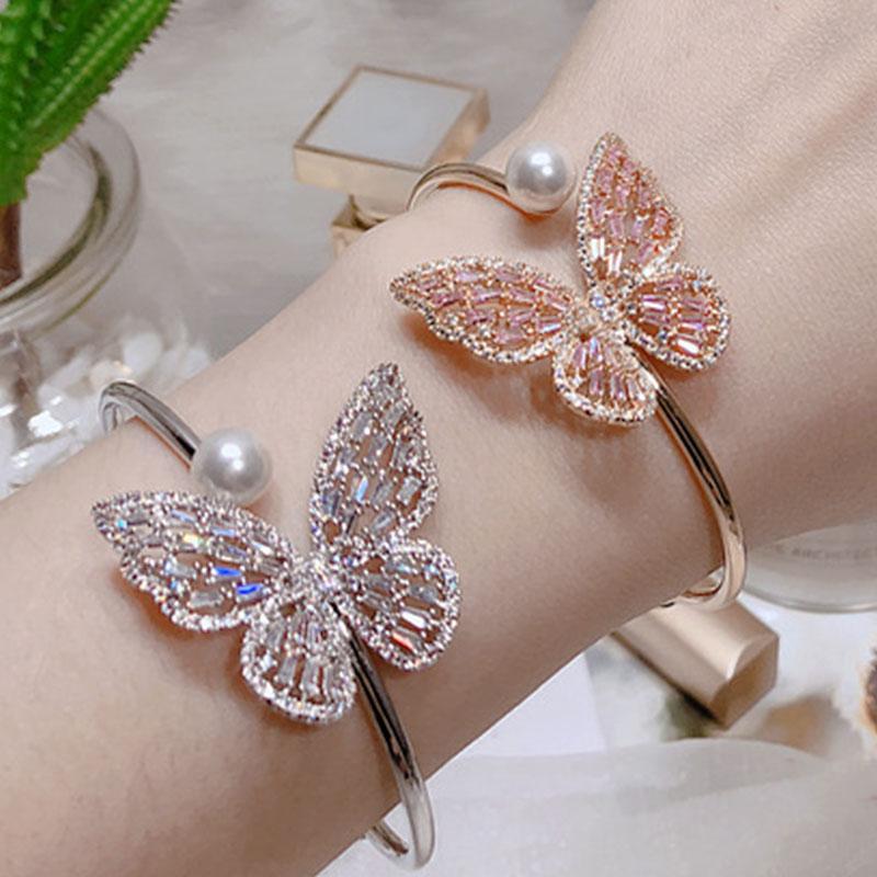 HUAMI Open Insect Charm Butterfly Bracelet for Women Bangle Pearl Pink White Two 6cm Zircon Bracelet Fashion