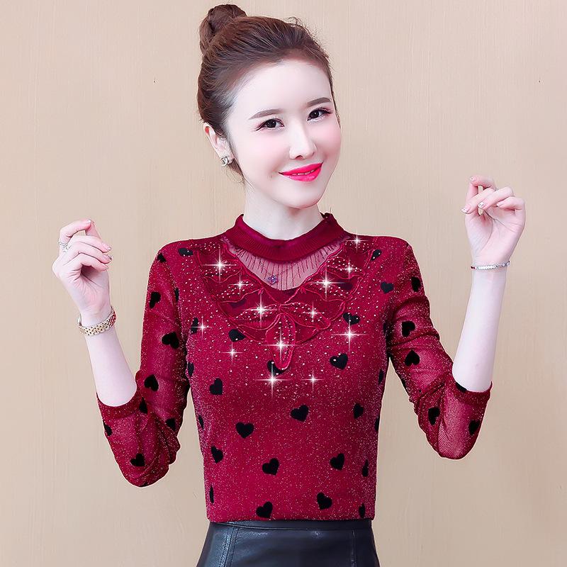 Damen Langarm T-Shirt für Damen im Herbst, Neuer Stil, Innen- und Außen-Mesh-Shirt, Warm bügelbares Oberteil