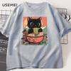 Cute Black Cat Eating Ramen T-Shirt Men Women Adorable Graphic Tee Shirt Foodie and Cat Lover Tshirt Animal Printed Tees Top