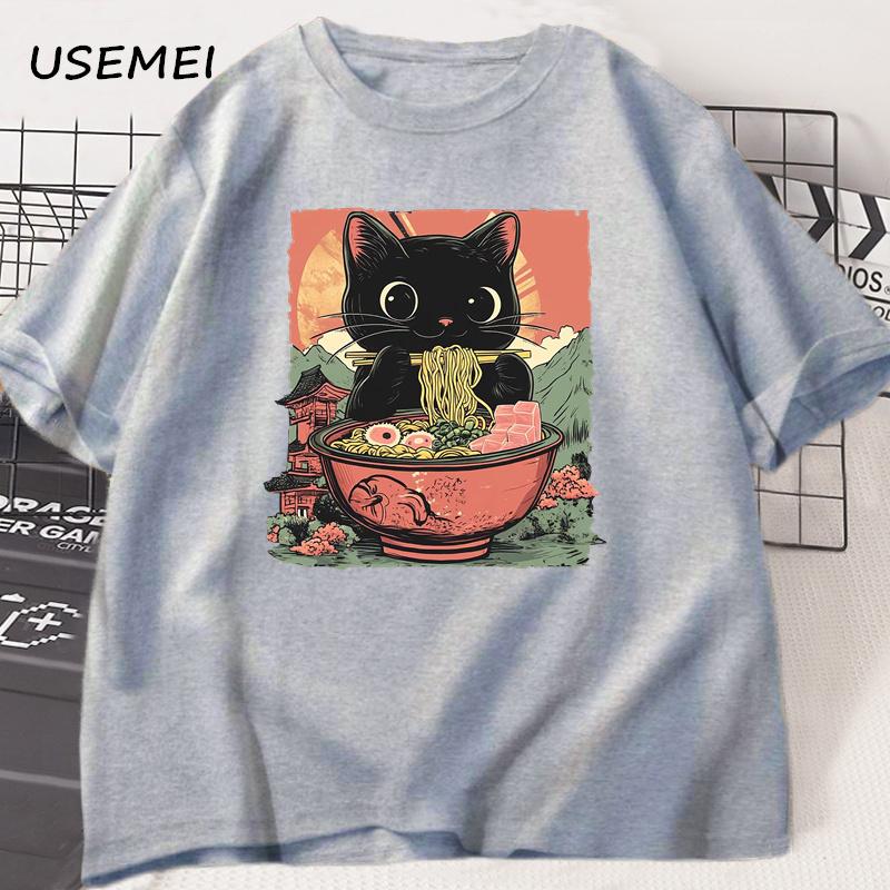 Cute Black Cat Eating Ramen T-Shirt Men Women Adorable Graphic Tee Shirt Foodie and Cat Lover Tshirt Animal Printed Tees Top