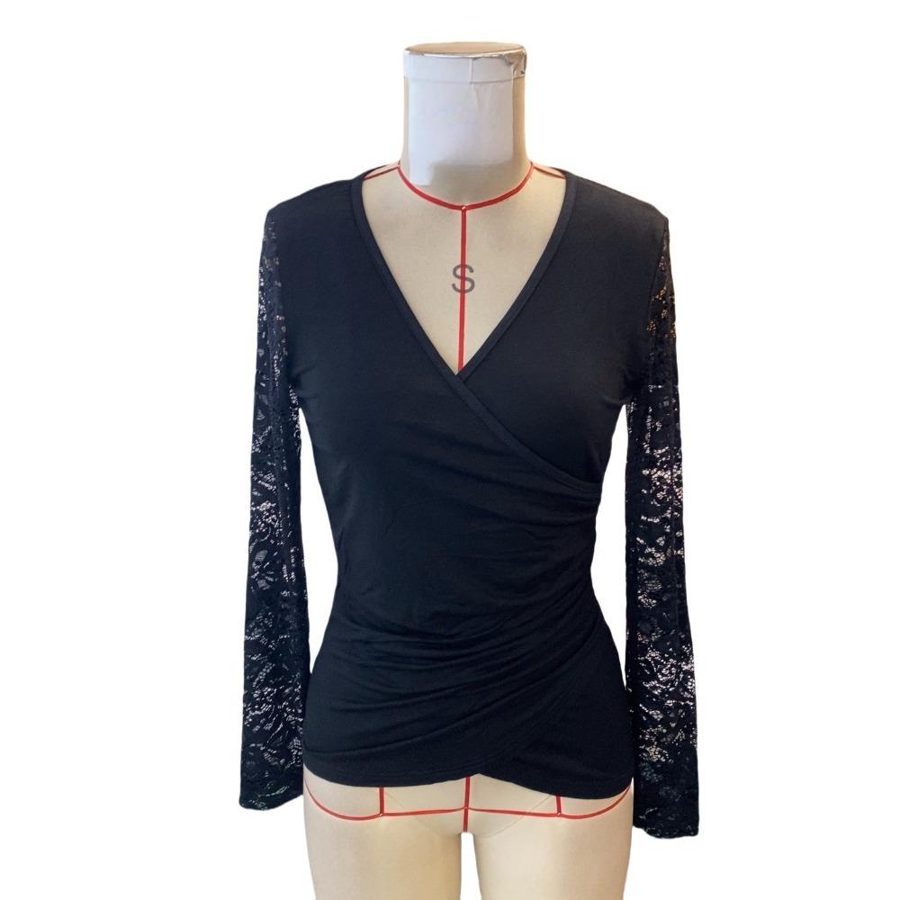 Autumn and Winter Women's Solid Colour Cross Splicing Lace Sleeve Long-sleeved Slim Thin T-shirt