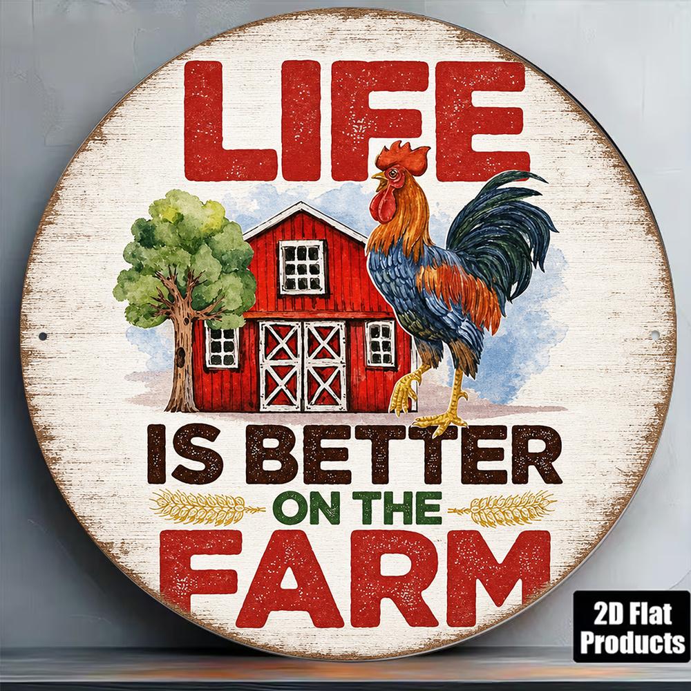 Farm Life Vintage Rooster Farmhouse D Round Aluminum Sign Kitchen Entryway Wall Decor Gift