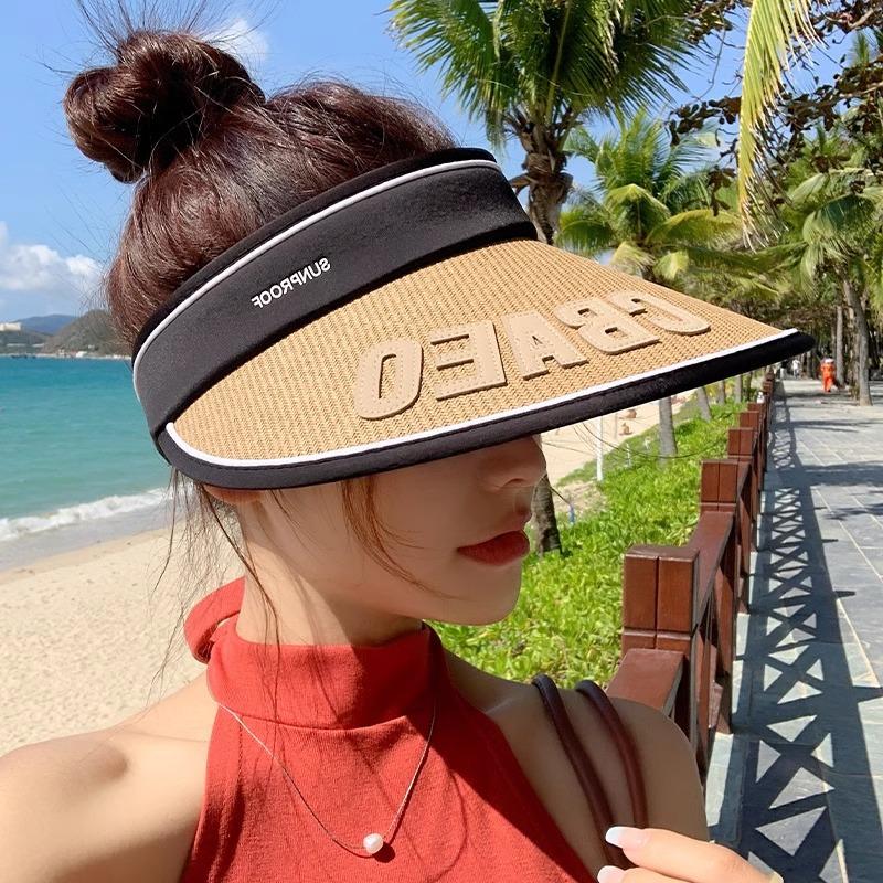 Empty top sunscreen hat, women's summer vinyl straw woven cycling visor, UV-proof large brim, face-covering beach straw hat