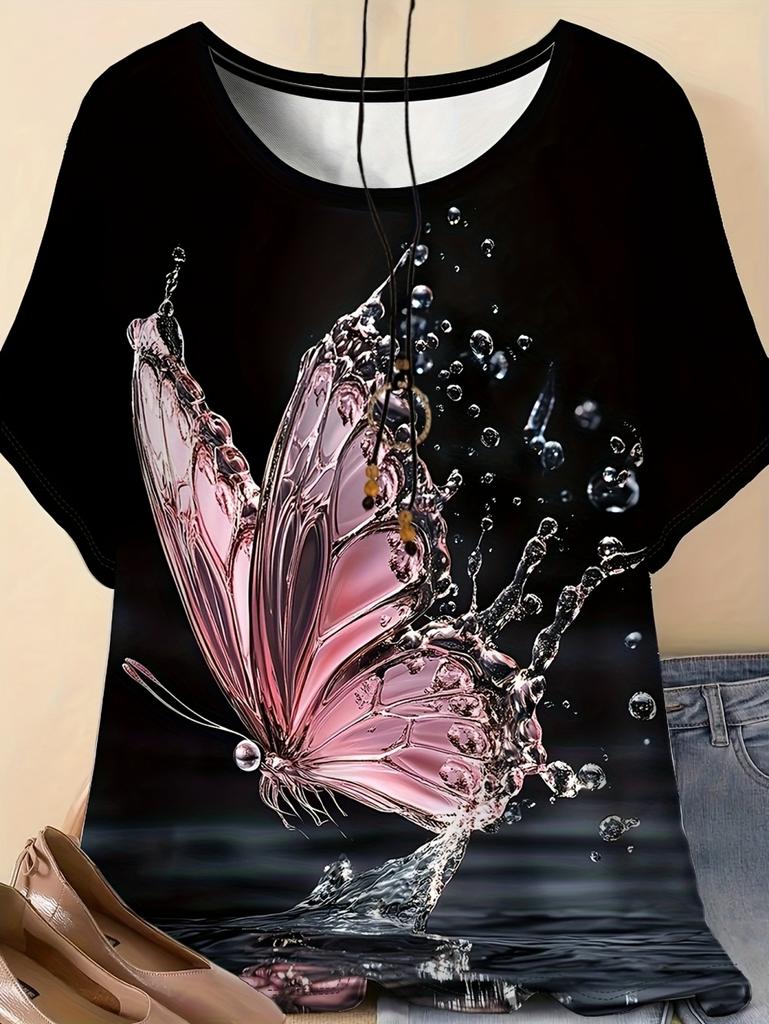 2026 Fashion 3D Butterfly Print T-Shirt for Women Summer Casual O-Neck Short Sleeve Tops Loose Summer Tees Y2k Woman Clothing