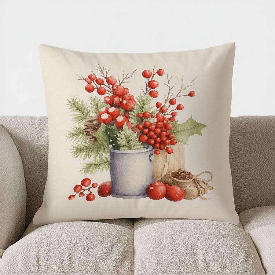 Home Decor Festive Berries And Greenery Decorative Pillow Pattern Cushion Cover Suitable For Sofa Bedroom Car Pillow Cover