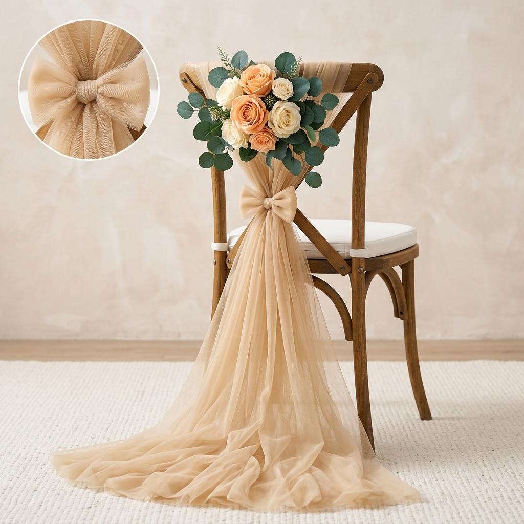 Minimalist Tulle Wedding Chair Back Yarn Artificial Rose Flowers Elegant Chair Sash For Reception Banquet Party Scene Decor