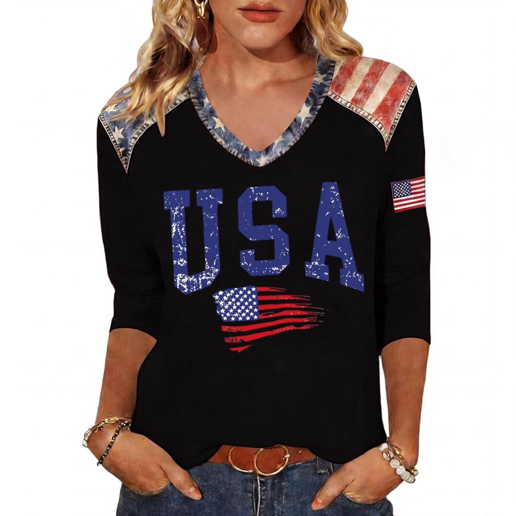 Long Sleeve Shirts for Women Casual V Neck Womens Long Sleeve Tops USA Print Long Sleeve T Shirt Women Comfortable Long Sleeve Tops for Women