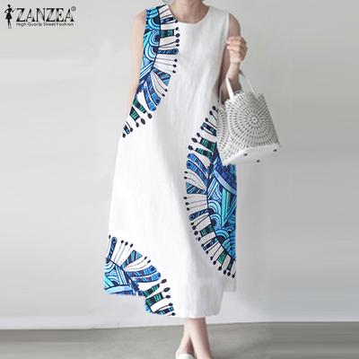 Women Casual O-neck Sleeveless Summer Print Dress