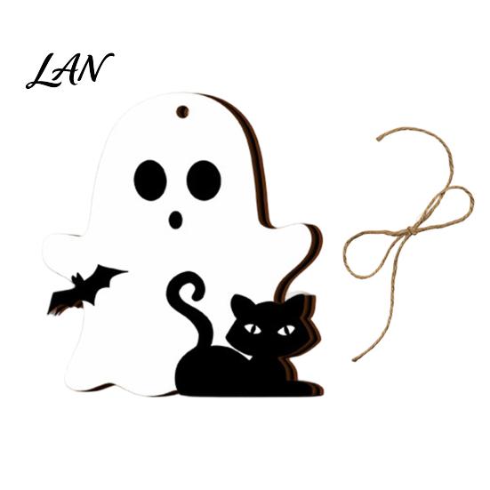 Halloween Tree Ornaments Ghost Wooden Hanging Sign with Hemp Rope, Cute Rustic Decorations Pendants for Home Party Wall Decorative Wood Signs