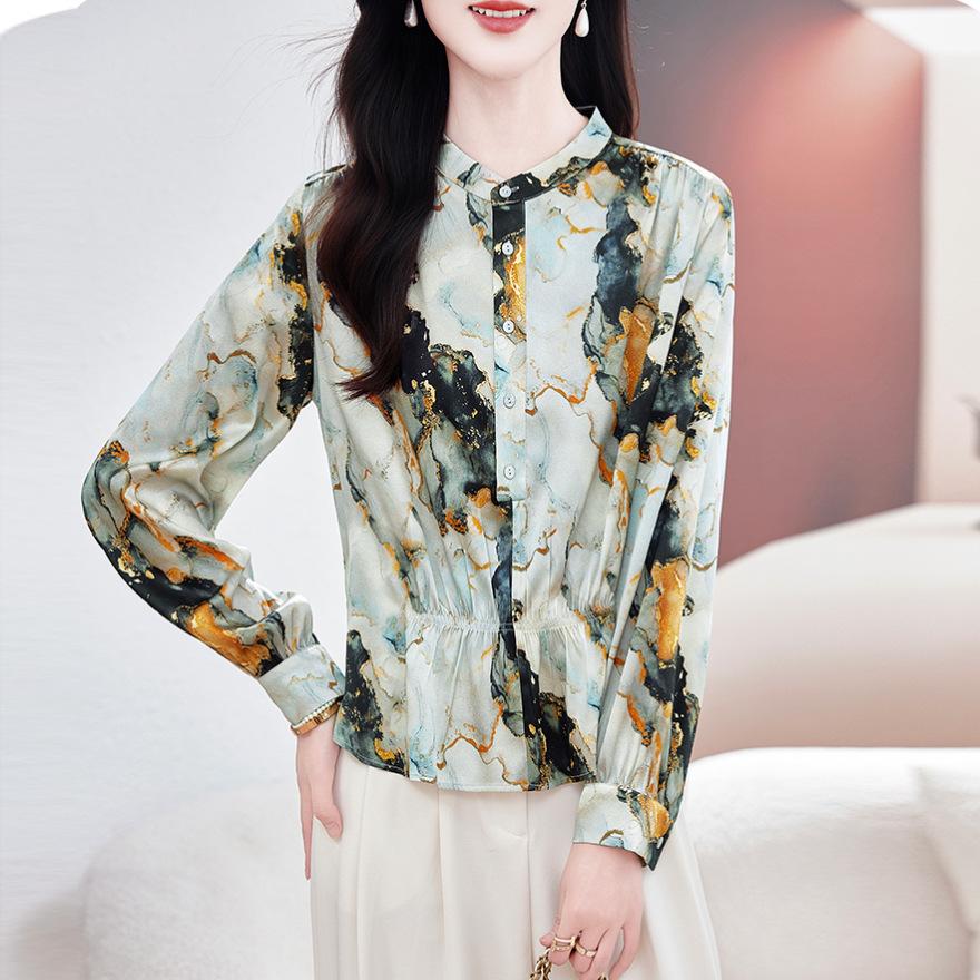 Silk shirt women's long sleeves spring and summer new printed loose large size meat-covered mulberry silk top