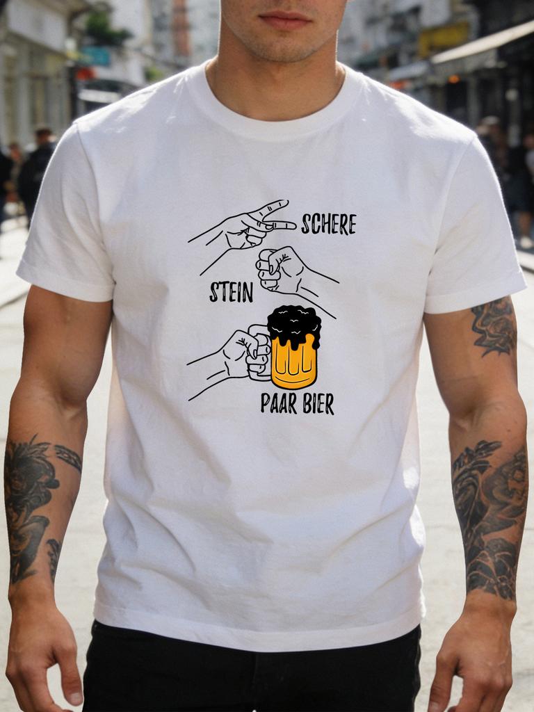 Unisex Navy Tee Gerunisex Rock Paper Beer Hand Gesture Text Print Short Sleeve Loose Casual Street Basic Top For Adult Male Daily Wear