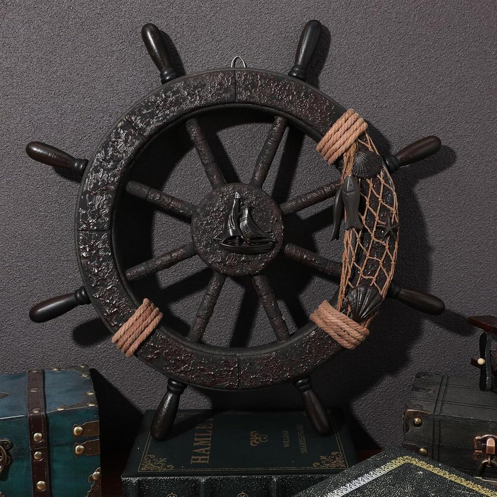 Nautical Wheel Decor Rustic Boat Steering Wheel Fishing Net Wall Sculpture Rudder Hanging Ornament Mediterranean Style Nautical Captain Rudder for