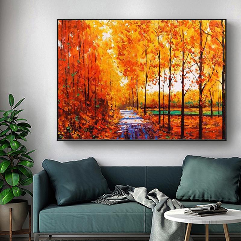 Nordic Watercolor Art Landscape Oil Painting Golden Autumn Canvas Painting for Living Room Corridor Office Home Decoration Mural No Frame