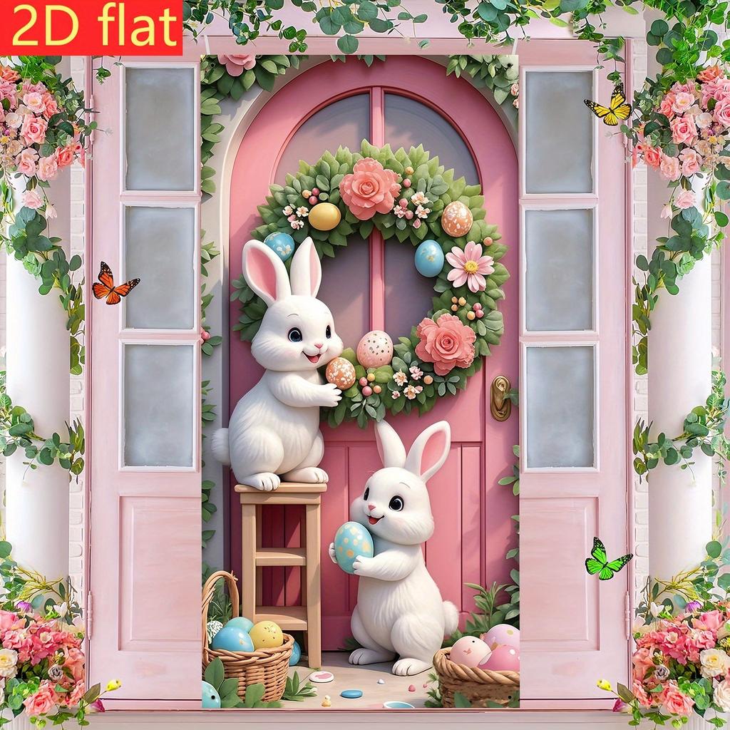 Happy Easter Door Cover Pink Bunny Easter Egg Wreath Design Hanging Banner for Indoor Outdoor Porch Decor Background Gift