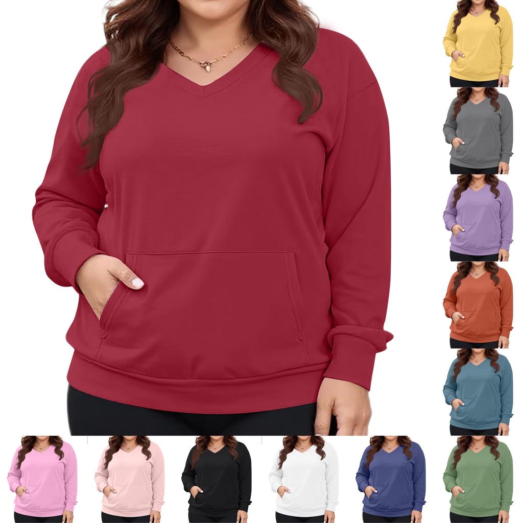 Women's Fashion Casual Solid Color Long Sleeve Oversized Pocket Plus Size Top