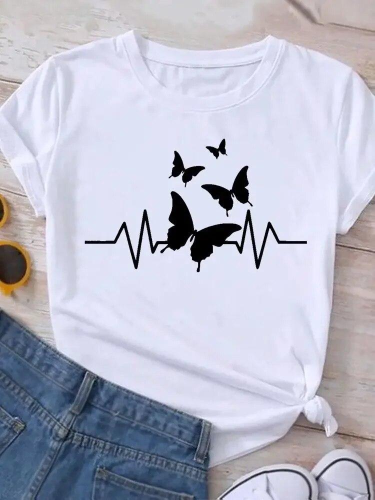 Graphic T Shirt Sunflower Butterfly Cute Summer Casual Clothing Short Sleeve Women Print Fashion Clothes Tee T-shirt FeUnisex Top