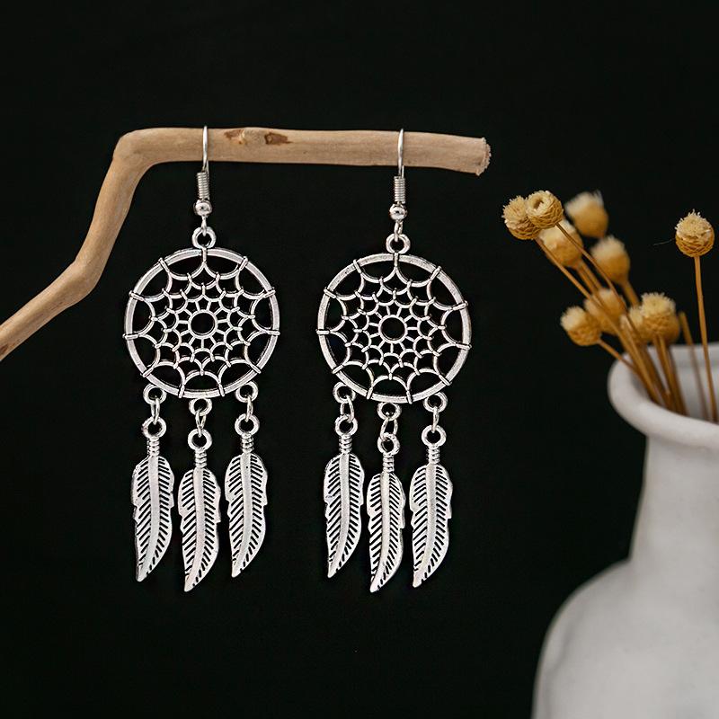 Turquoise Earrings, Vintage Owl Geometric Dream Catcher Feather Fringed Earrings Female