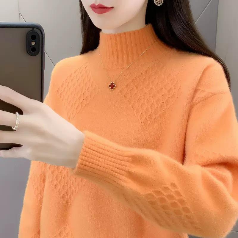 Women's Knitted Sweater Retro Top Sweater Autumn and Winter Semi High Neck Thick Warm Sweater