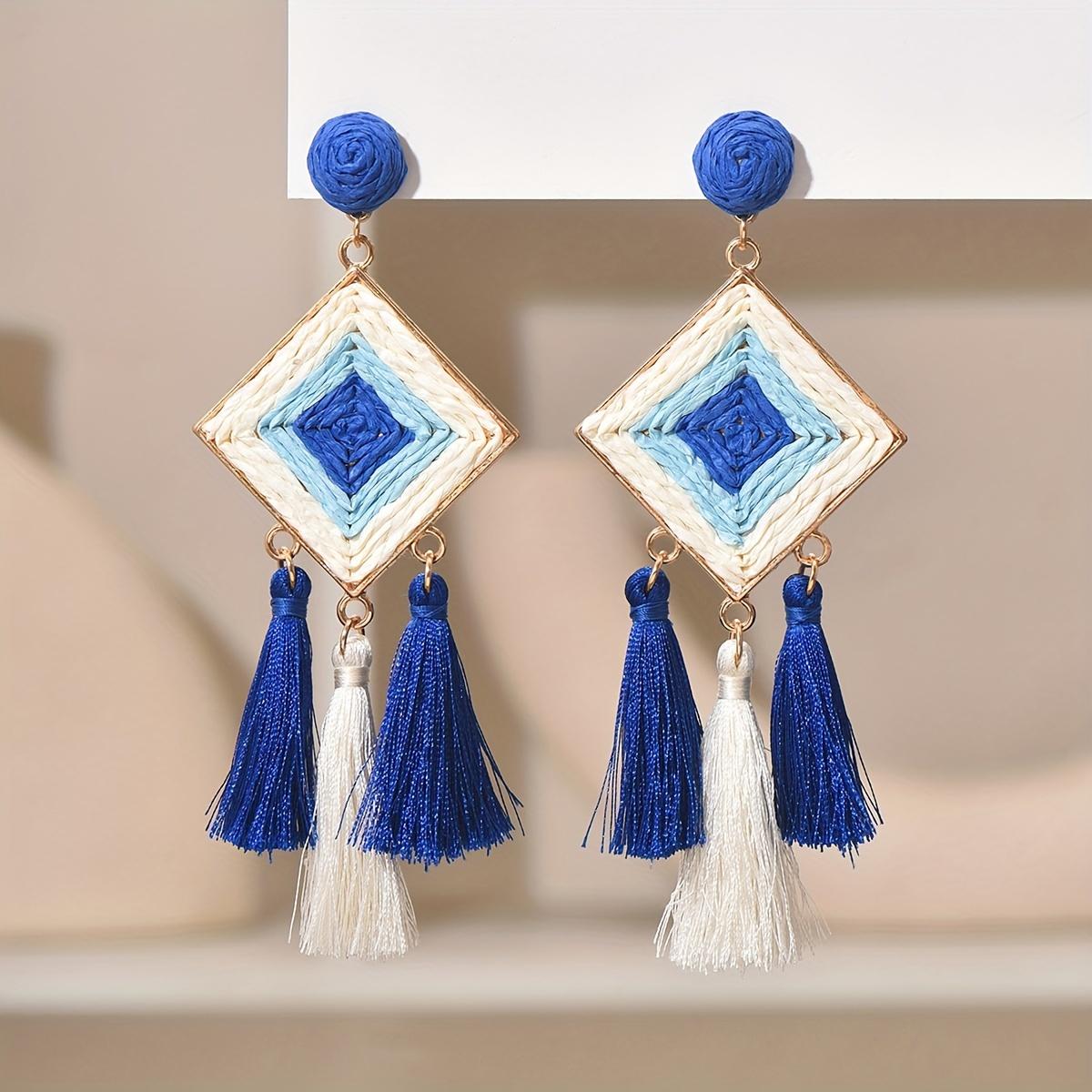 

1 пара женских модных сережек-капель из полиэстера с длинной кисточкой в стиле бохо, плетеные вручную, подходят для подарка синий