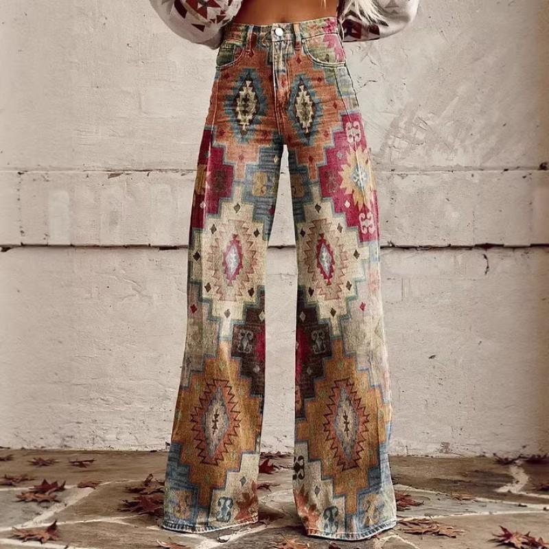 Dame Løstsiddende Bomuld Wide Leg Bukser Med 3D Digital Print Streetwear Stil Afslappede Bukser