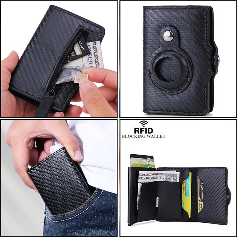 Apple Airtag Tracker Card Holder Men's Wallet with RFID Block and Metal Buckle Zipper.