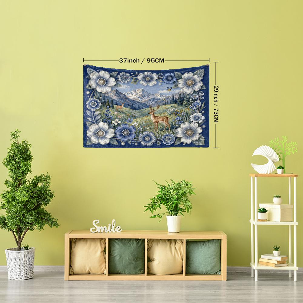 1pc Blue Floral Border with Mountain and Forest Deer Scenery Printed Tapestry Wall Hanging, Simple Art Bohemian Style Living Room Bedroom Home Decor F