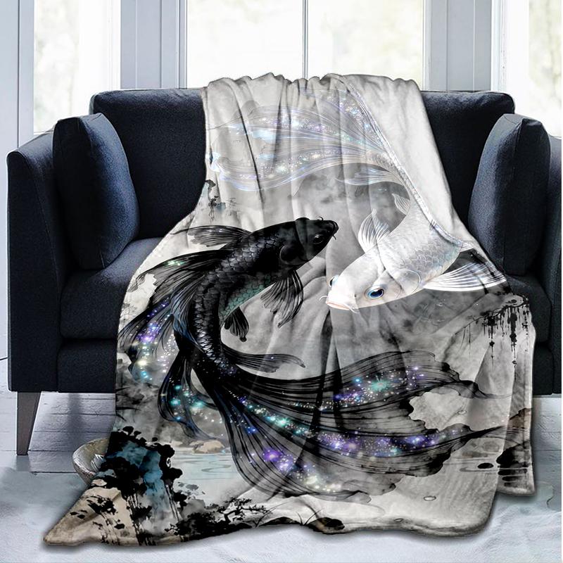Yin Yang Fish Blanket Personalized Name Flannel Blanket Soft Cozy Plush Throw for Sofa Bed Lightweight Home Décor
