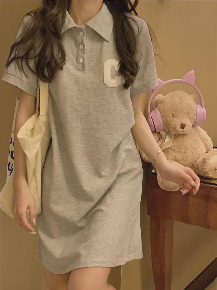 Women's Summer 2023 Slim A-Line Polo Collar Purple Dress with Short Sleeves