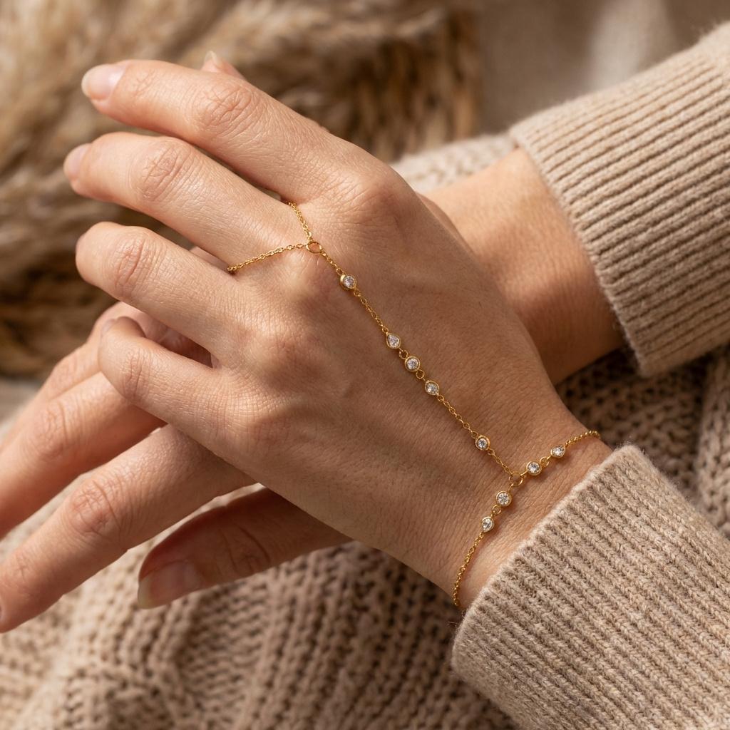 Braccialetti ad Anello per Dita Collegati con Strass Multistrato in Acciaio Inossidabile per Donna Braccialetto con Catena Sottile Fatta a Mano Gioielli da Festa