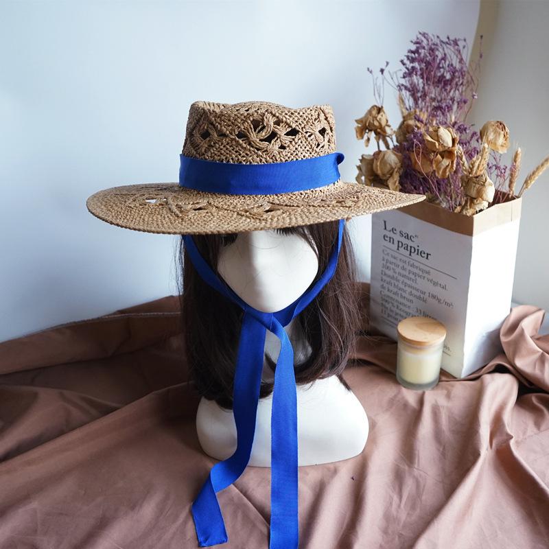 Japan Japanese French Retro Hollow Flower White Flat Top Top Hat Women'S Summer Sunshade Vacation Beach Straw Hat Outing