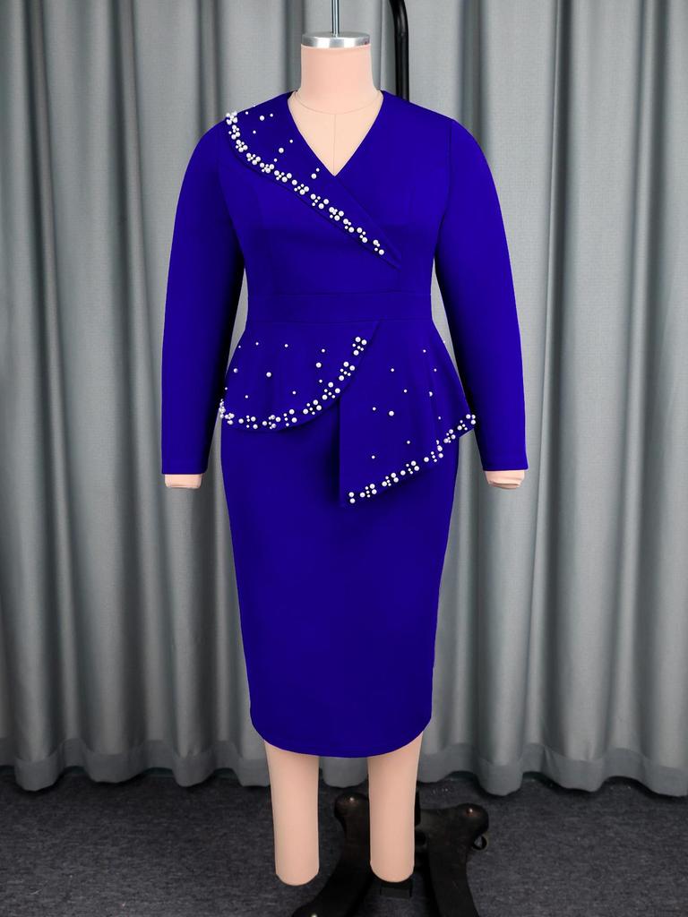 Beaded V-neck Waist-Cinched Long-Sleeve Banquet Midi Dress