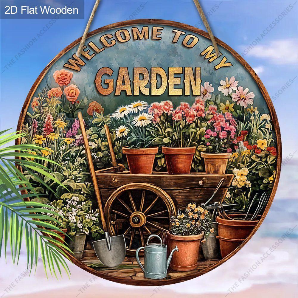 Welcome To My Garden Floral Round Wooden Hanging Sign, 2D Flat Wooden Garden Front Door Decor