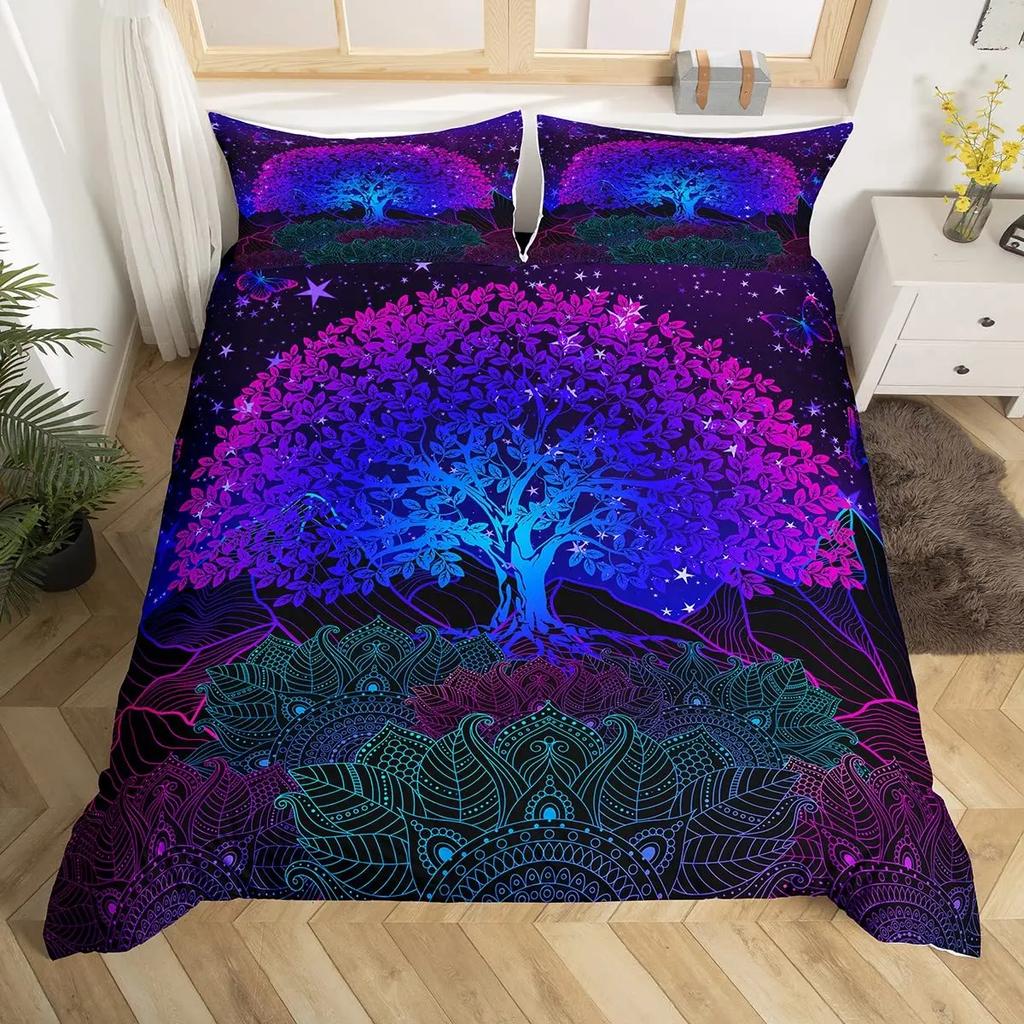 Flying Butterflies Duvet Cover Set Iridescent Butterfly Tree of Life Bedding Sets,Autumn Maple Leaf Comforter Cover Quilt Cover