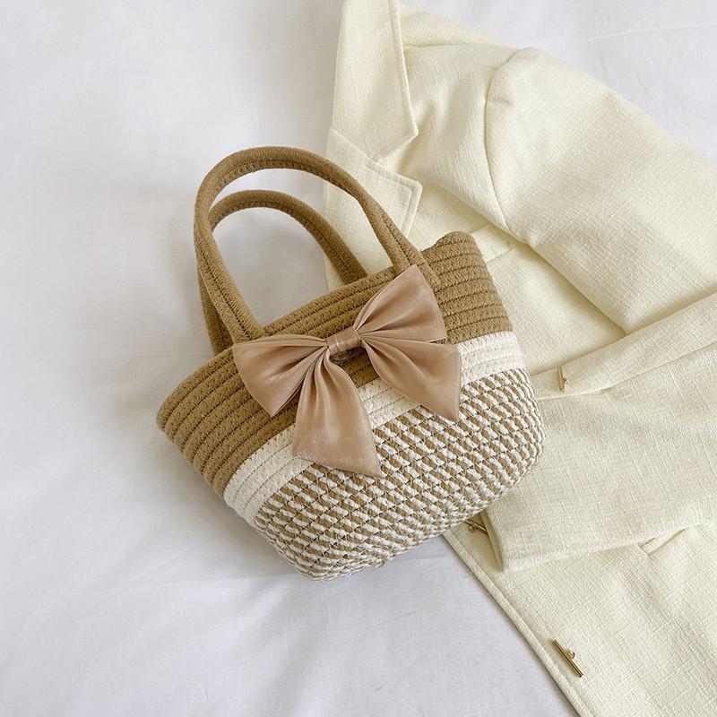 Chic Summer Woven Bucket Bag For Women In Bowknot Pink Gray And Khaki Stylish Colors