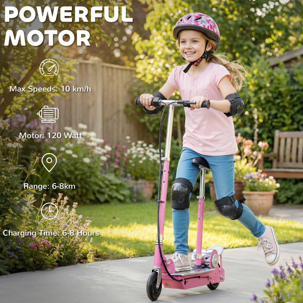 Foldable Powered Scooter with Adjustable Seat, Brake, Pink