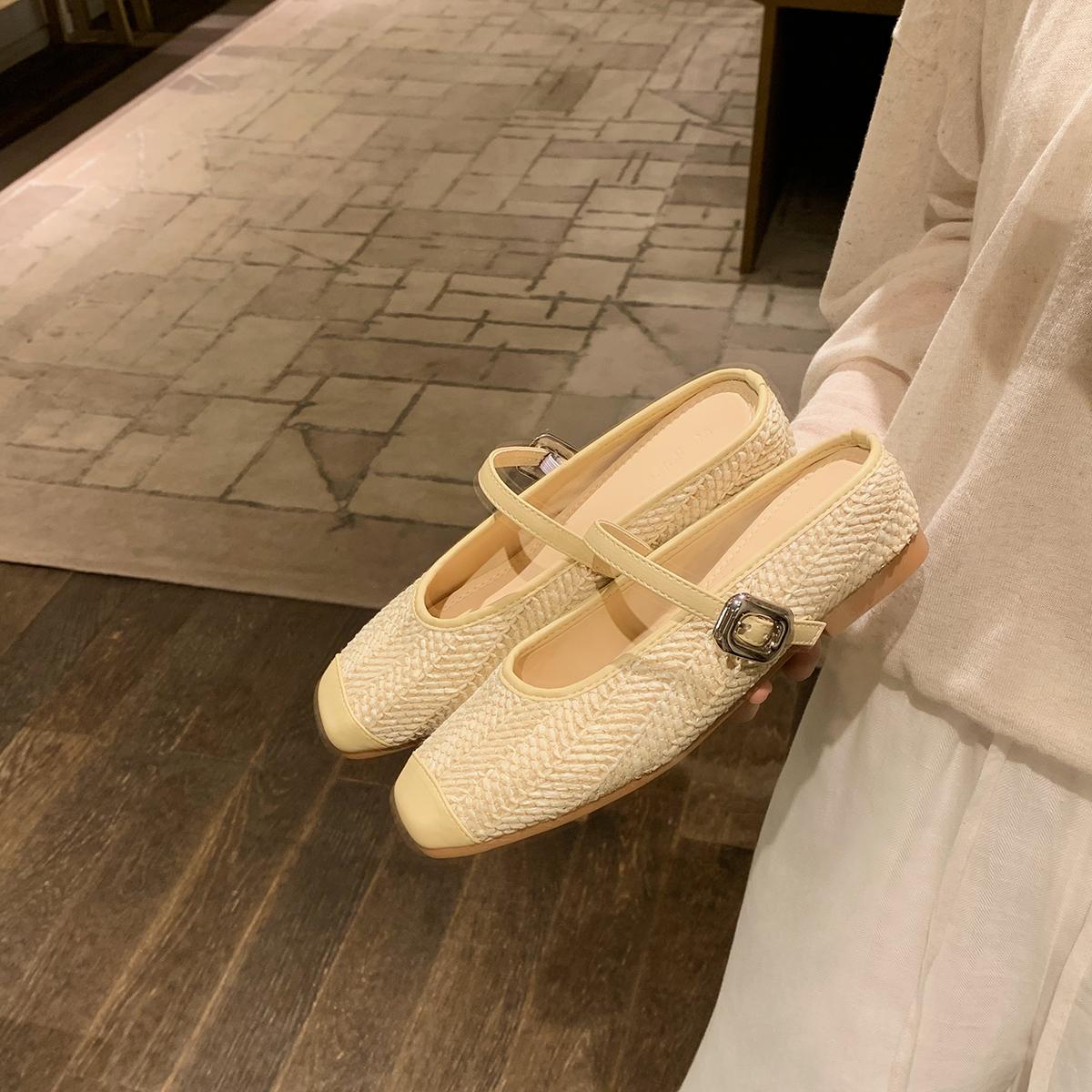 

Lan cabinet, inner height increase of 5cm~ flat-bottomed holiday style straw woven square head cool slippers lazy half slippers women wear summer 40 бежевый