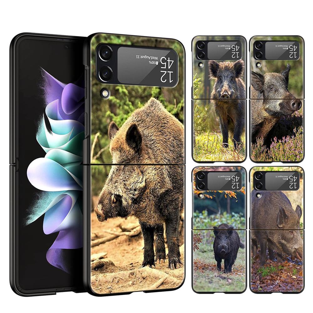 Luxury Phone Case For Samsung Galaxy Z Flip 3 4 5 6 Hard Black Folding PC For Samsung Z Flip3 Flip4 Flip5 Cover Animal Wild Boar