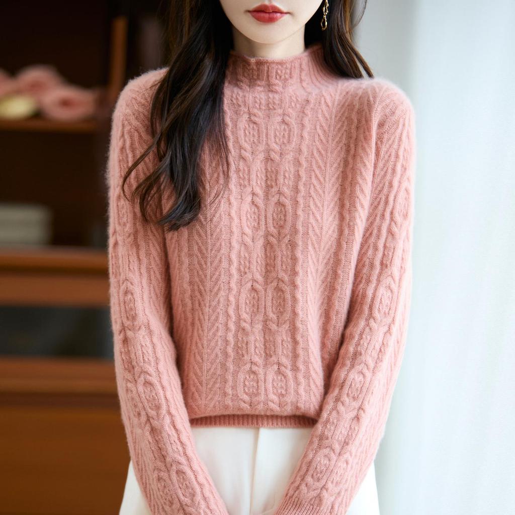 Women's Heavyweight Thickened Wool Sweater - Half-High Neck Cable Knit Autumn Winter Warm Loose Fit Knitwear, 100% Wool.