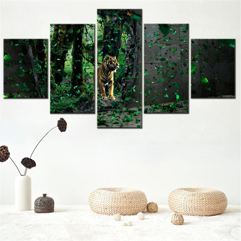 

5 Pieces Canvas Wall Arts Poster Painting Animals Tiger Mystical Forest Wallpaper Home Decor Picture Printing Interior Artwork 20X35 20X45 20X55CM
