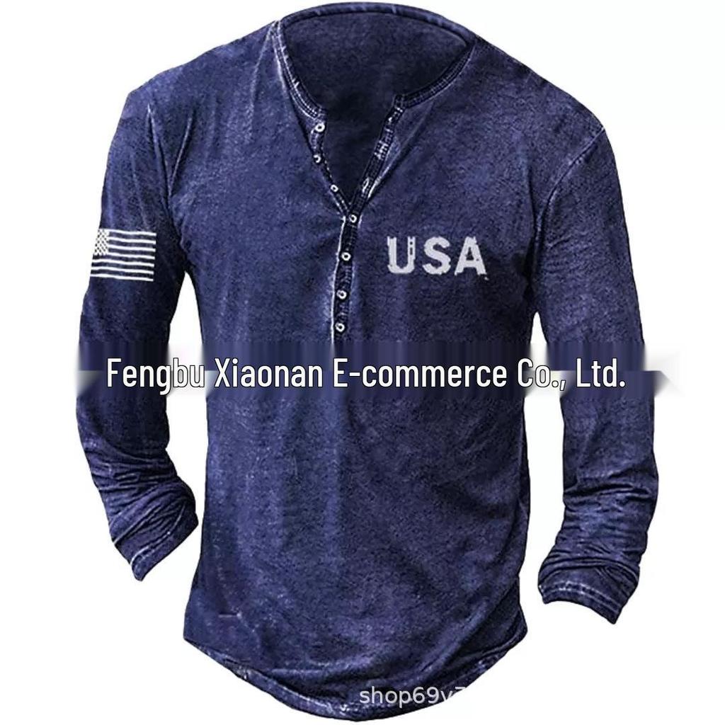 Europejski i Amerykański Slim Fit Plus Size Drukowany Bezkołnierzykowy Casualowy T-shirt z Długim Rękawem