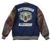 Houston Embroidered Cat Print PU Leather and Melton Wool Stadium Size Navy Jacket, 51272, Medium,