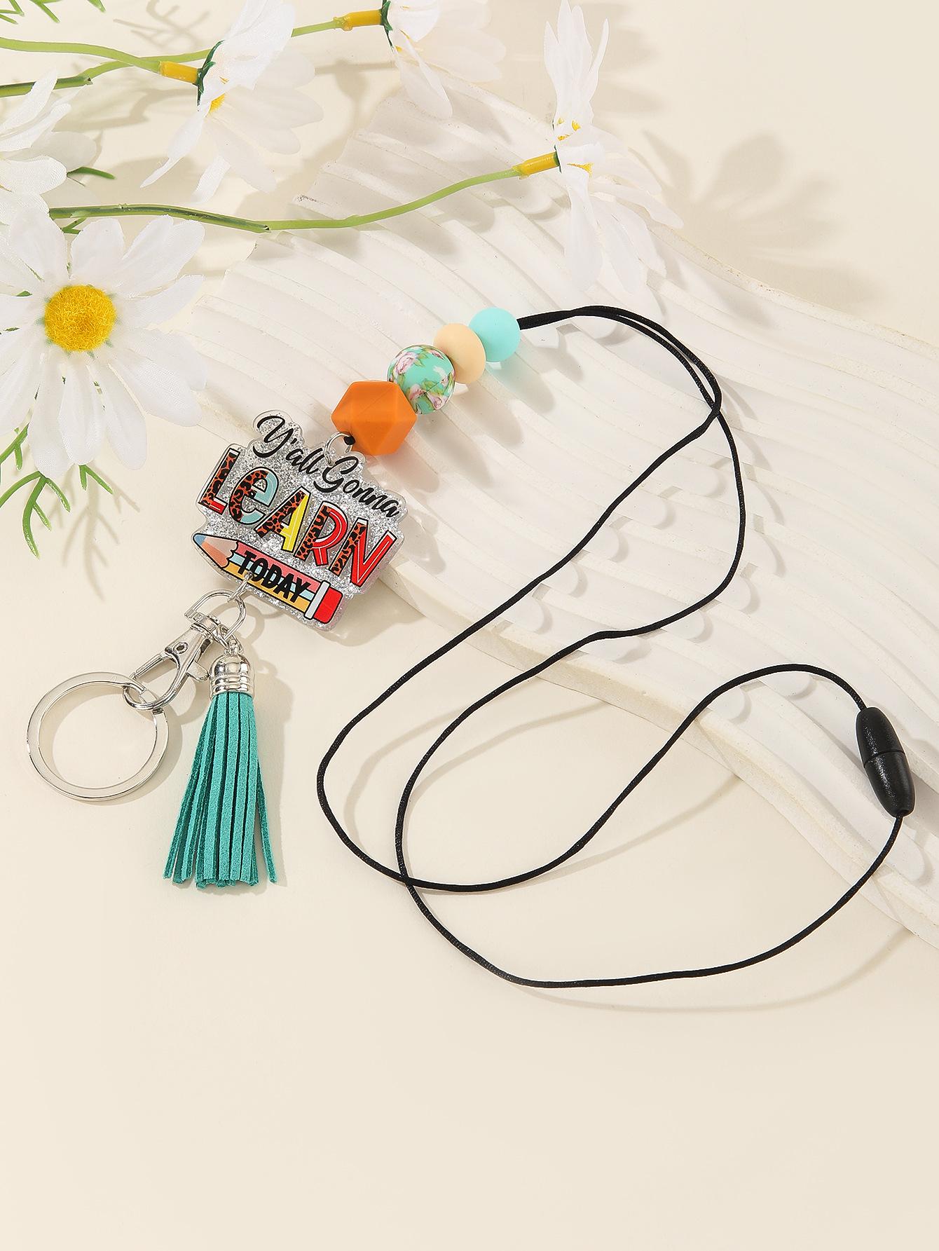 Silicone Keychain Bracelet with Beaded Design and Student Card Holder Pendant синий