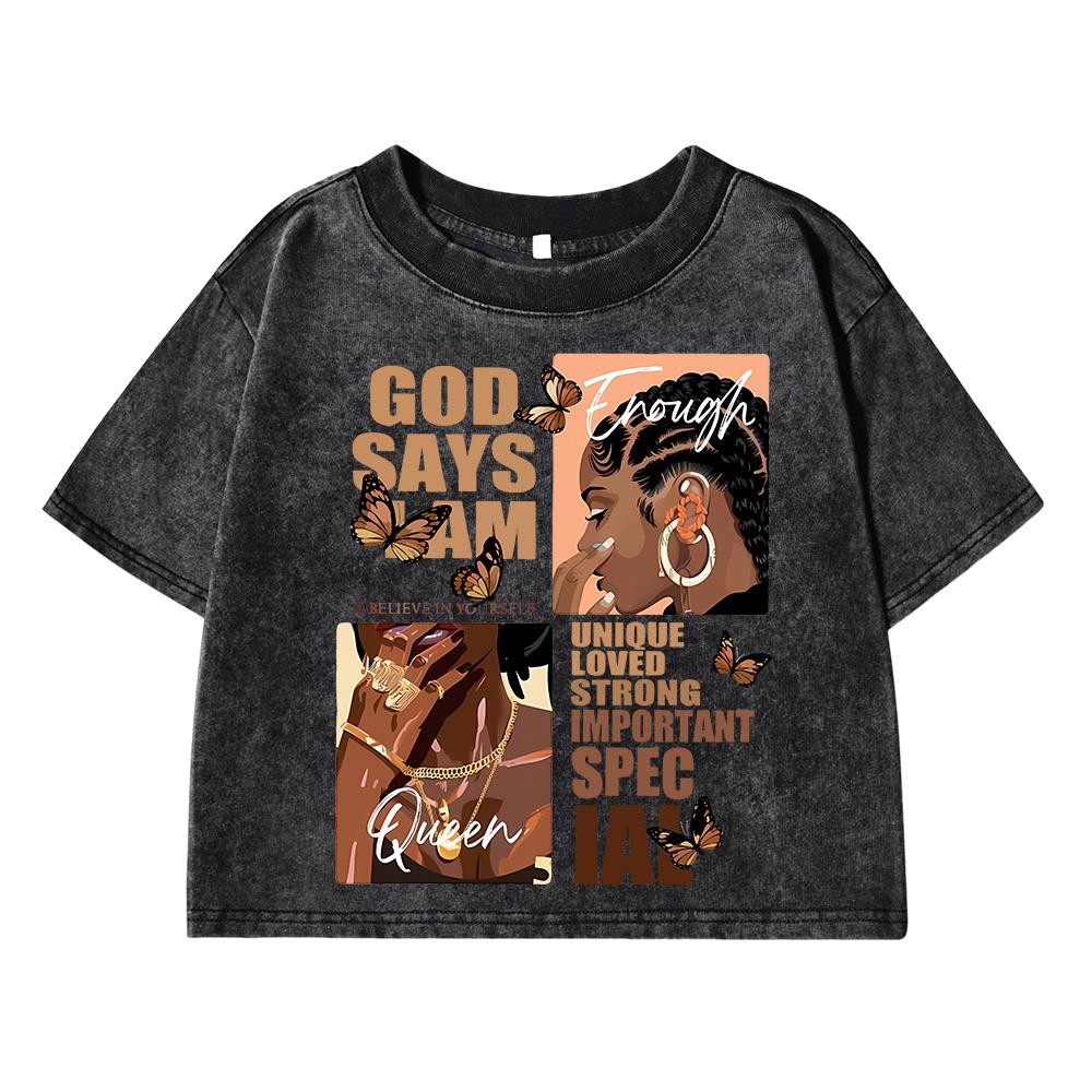 

Beautiful Lady Print Women Wash Short Tshirt Breathable Comfortable Short Sleeve Cool T-Shirt Distress O-Neck Clothes M