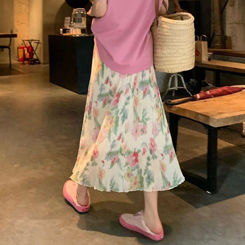 Falda de longitud media de temperamento suave para mujer, falda ajustada de cintura alta con flores trituradas, talla grande
