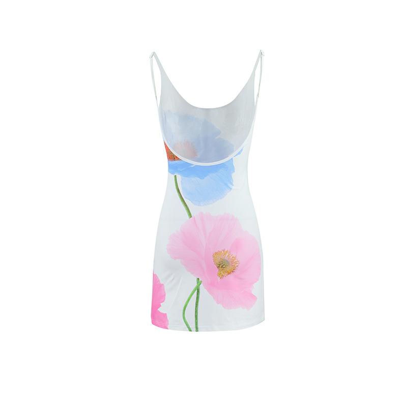 Summer Mini Women's Dress With Halter U-neck, Sexy Backless A-line Skirt, Floral Print Dress