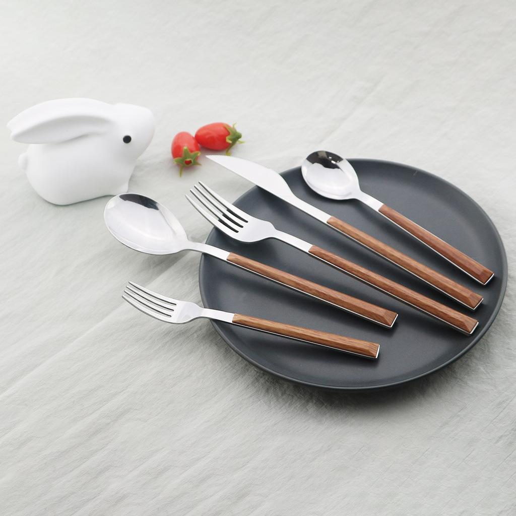 5 st Trähandtag serviser Western bestickset i rostfritt stål Knivgaffel Kaffe Tesked Silverservis Köksservis set