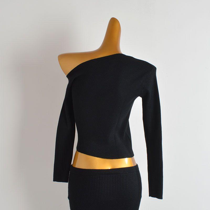 & Fall New Arrival Pure Color One-Shoulder Cold-Shoulder Long Sleeves Bottoming Shirt Women's Clothing Silm Slimming and Short Pullover Knitwear Tops
